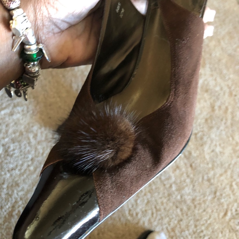Suede, mink patent leather shoes and purse. Brown
